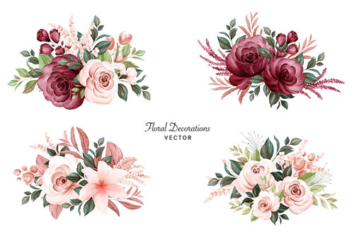 وکتور طرح گرافیکی دسته گل رز با گل های رز قرمز و رز سفید و برگ ها